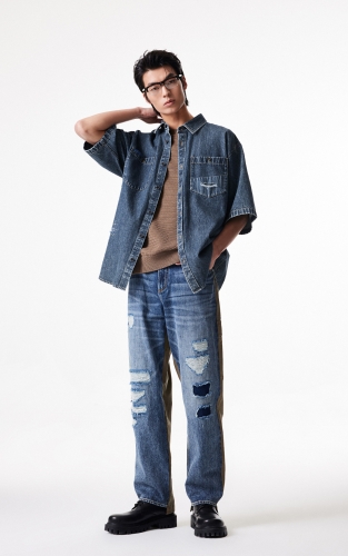 杰克琼斯夏季新款男士衬衣宽松版型做旧磨破设计时尚牛仔短袖衬衫 商品图2