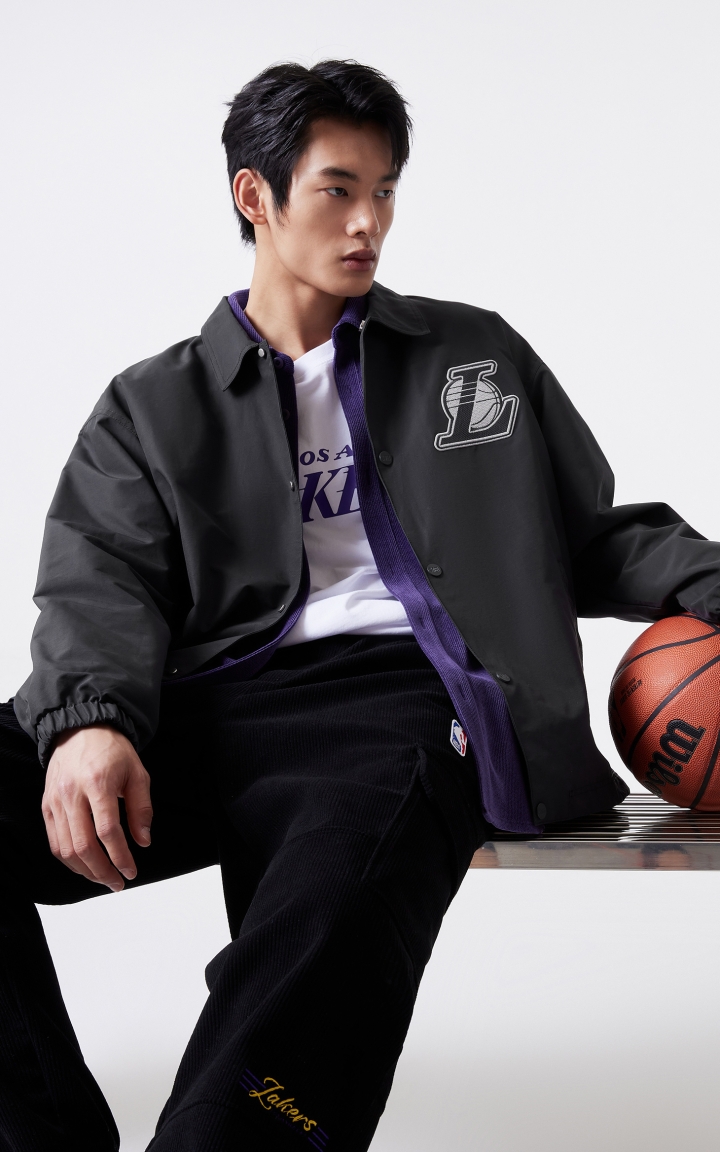 杰克琼斯冬季新款NBA联名湖人队翻领羽绒服外套按扣门襟男装 商品大图