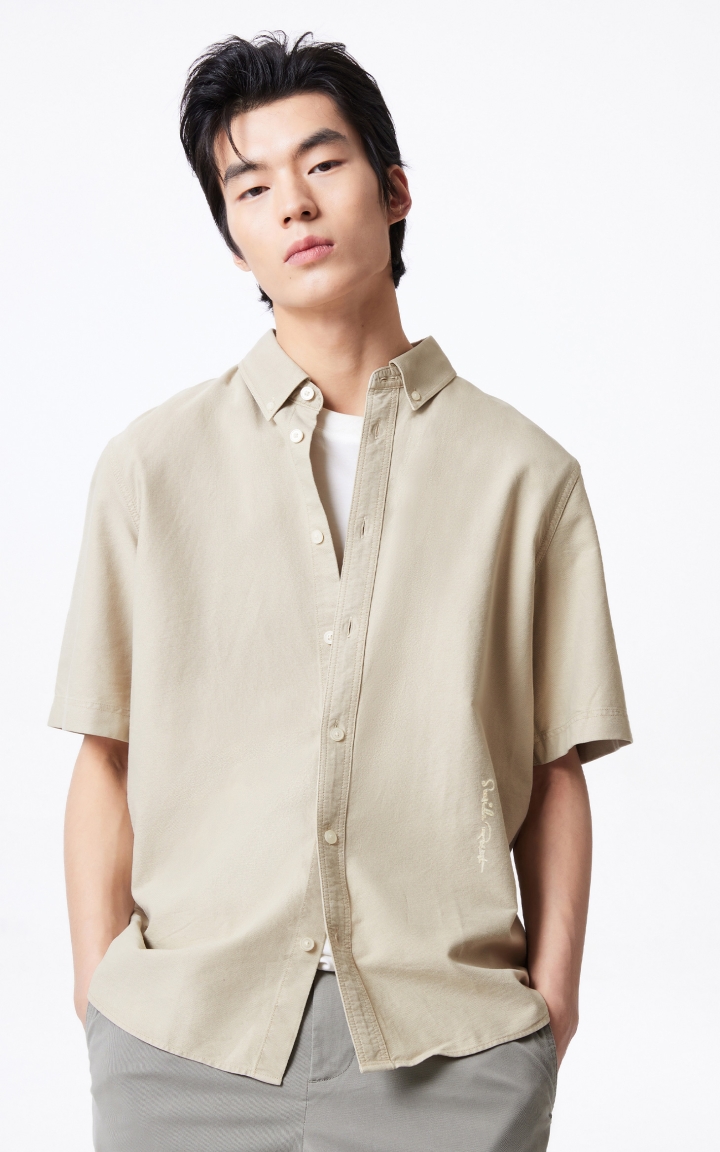 杰克琼斯男装夏季新款宽松休闲简约纯色字母刺绣翻领短袖衬衫男装 商品大图