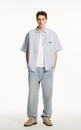 杰克琼斯男装夏季新款时尚刺绣印花尖领条纹宽松休闲短袖衬衫上衣 商品图2