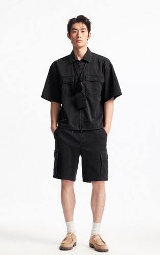 杰克琼斯男装夏季新款百搭时尚贴布尖领廓形纯色休闲短袖衬衫上衣 商品图2