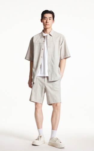 杰克琼斯男装夏季新款纯色背部刺绣宽松休闲尖领短袖衬衫外套上衣 商品图2