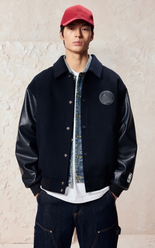 杰克琼斯男装秋季毛呢大衣NBA联名款翻领宽松拼接按扣长袖外套 商品图1
