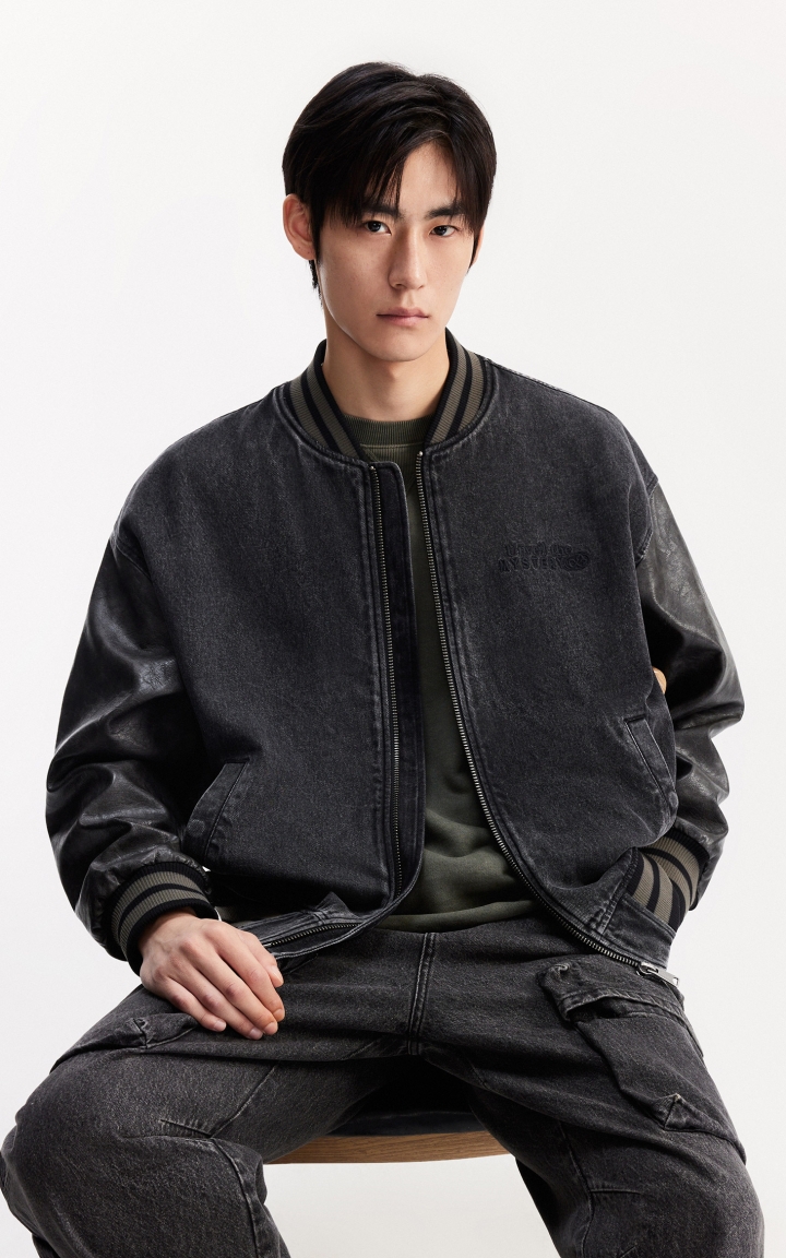 杰克琼斯男装秋冬新款时尚PU拼接黑色牛仔宽松棒球服夹克外套 商品大图