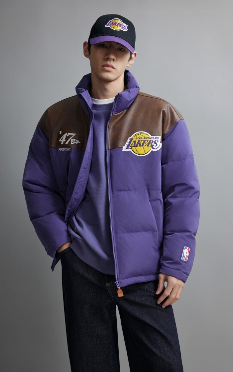 【NBA联名湖人队羽绒服】杰克琼斯冬季男装新款宽松拼色休闲通勤